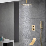 Ceiling-Mounted Brushed Gold 3 Way Thermostatic Shower System with 12" or 16" Rainfall Head, Multifunction and Tub Spout