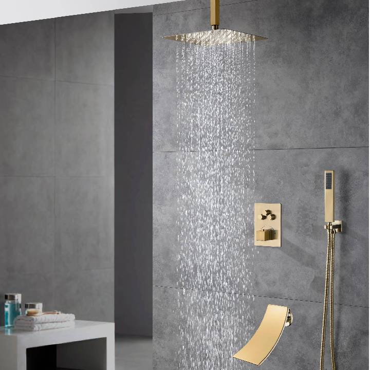Ceiling-Mounted Brushed Gold 3 Way Thermostatic Shower System with 12" or 16" Rainfall Head, Multifunction and Tub Spout