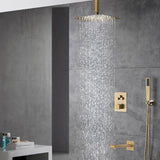 Ceiling-Mounted Brushed Gold Thermostatic Shower System with Tub Spout and Choice of 12 or 16 Inch Rainfall Head: Simultaneous or Separate Functionality