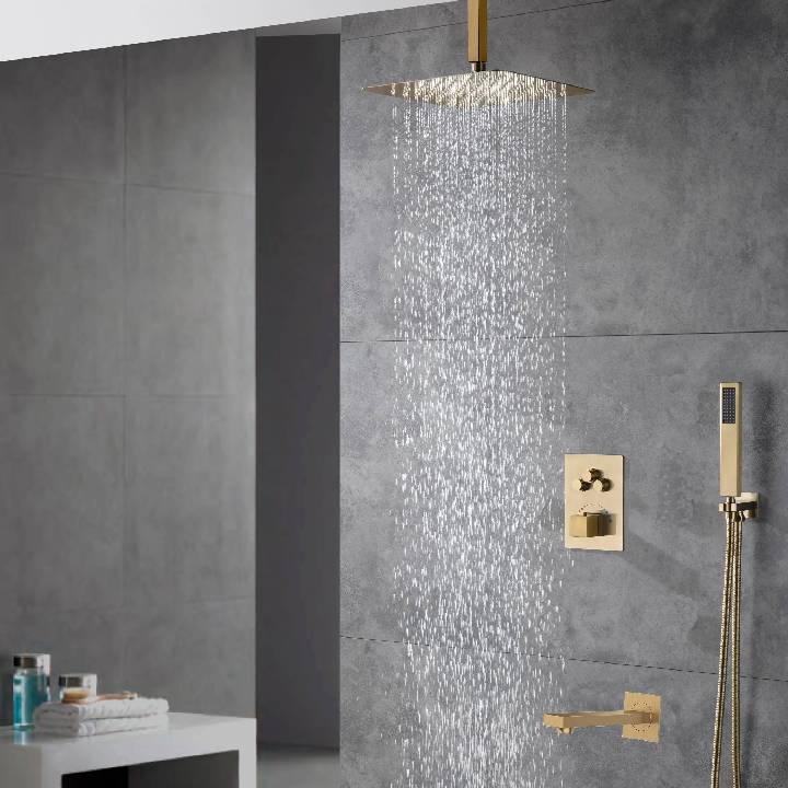 Ceiling-Mounted Brushed Gold Thermostatic Shower System with Tub Spout and Choice of 12 or 16 Inch Rainfall Head: Simultaneous or Separate Functionality