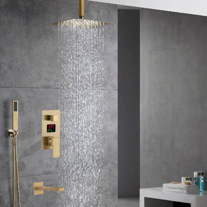 Brushed Gold Ceiling-Mounted Shower Faucet with 12'' or 16'' Rain Shower Head, 3-Way Digital Display, Trim, and Tub Spout