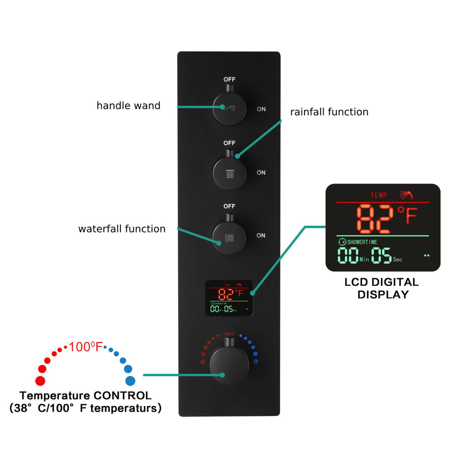 22inch rainfall and waterfall matte black 3 Way digital Thermostatic Shower Faucet with Sliding bar