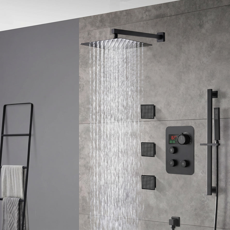 matte black Wall mount 12 inch or 16 inch rain head 3 way digital display thermostatic shower faucet with large body sprayers
