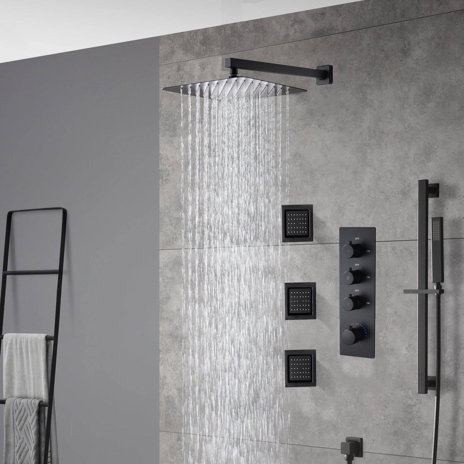 Wall mounted matte black 3 way digital thermostatic shower faucet with sliding bar and 4inch flush mounted body jets