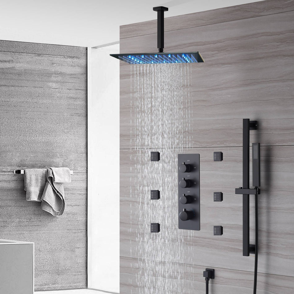 matte black ceiling mount rain shower head 3 way thermostatic shower faucet with body jets and sliding bar
