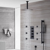 matte black ceiling mount rain shower head 3 way thermostatic shower faucet with body jets and sliding bar