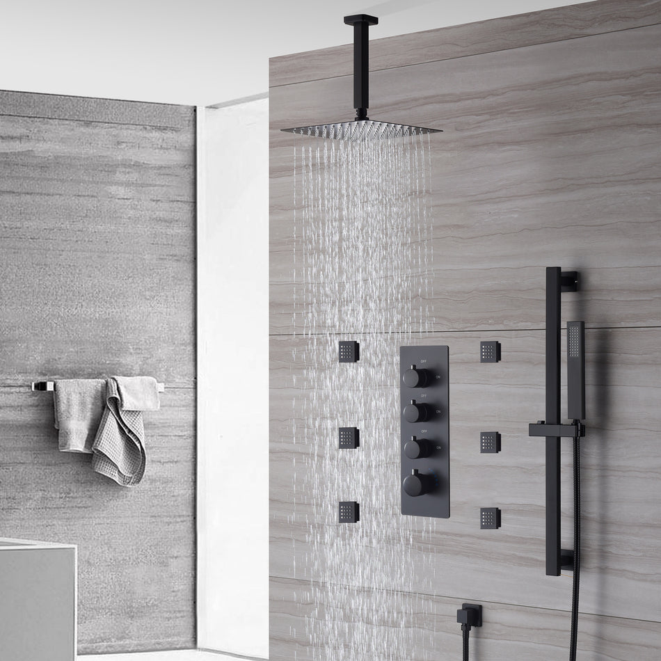 matte black ceiling mount rain shower head 3 way thermostatic shower faucet with body jets and sliding bar