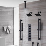 Matte Black Ceiling Mount Rain Shower with 5-Way Thermostatic Faucet, Dual Regular Heads, Dual Sliding Bar