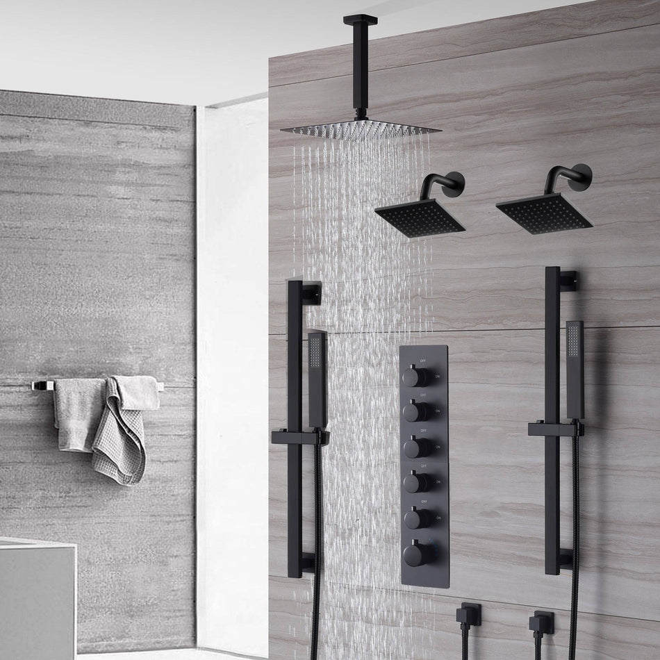 Matte Black Ceiling Mount Rain Shower with 5-Way Thermostatic Faucet, Dual Regular Heads, Dual Sliding Bar
