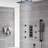 Matte Black Ceiling-Mounted 3-Way Thermostatic Shower System with 20-Inch LED or Non-LED Rainfall Shower Head, 6 Body Jets, and Sliding Bar