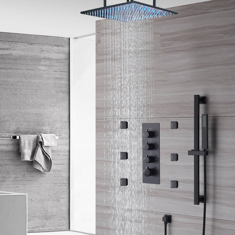 Matte Black Ceiling-Mounted 3-Way Thermostatic Shower System with 20-Inch LED or Non-LED Rainfall Shower Head, 6 Body Jets, and Sliding Bar