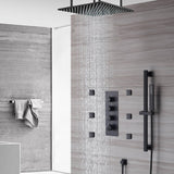 Matte Black Ceiling-Mounted 3-Way Thermostatic Shower System with 20-Inch LED or Non-LED Rainfall Shower Head, 6 Body Jets, and Sliding Bar