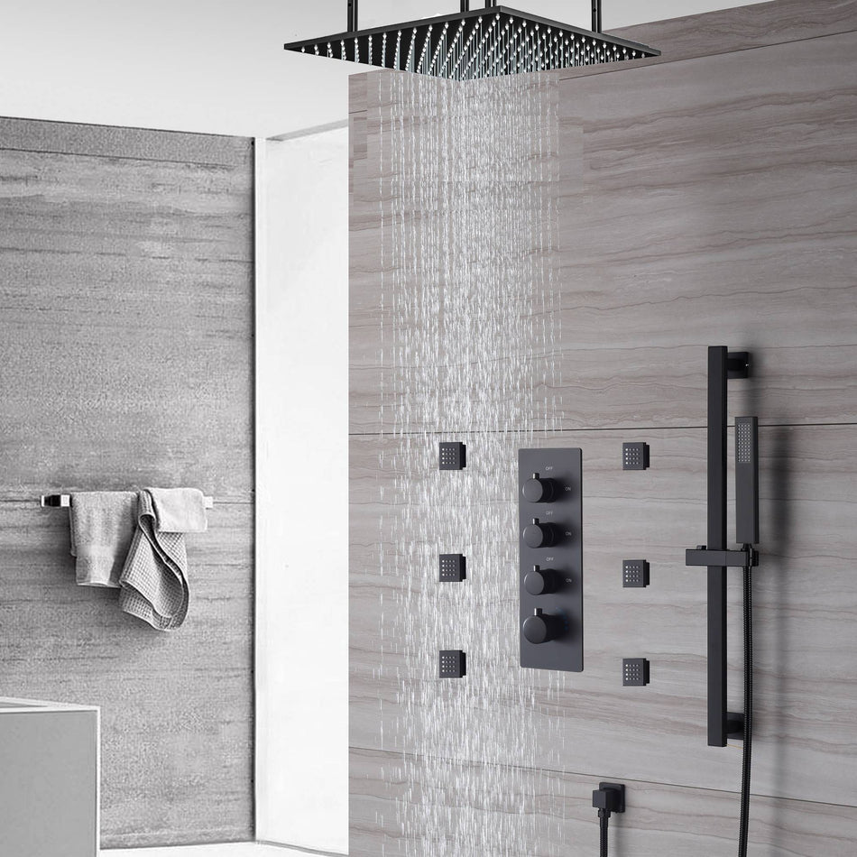 Matte Black Ceiling-Mounted 3-Way Thermostatic Shower System with 20-Inch LED or Non-LED Rainfall Shower Head, 6 Body Jets, and Sliding Bar