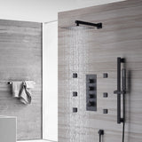 Matte Black Wall-Mounted 3-Way Thermostatic Shower Faucet with 12-Inch or 16-Inch LED or Non-LED Shower Head, Body Jets, and Sliding Bar