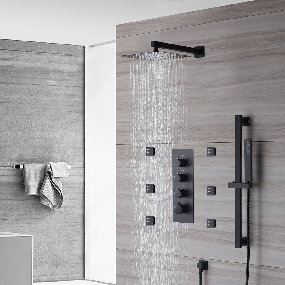 Matte Black Wall-Mounted 3-Way Thermostatic Shower Faucet with 12-Inch or 16-Inch LED or Non-LED Shower Head, Body Jets, and Sliding Bar