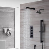 Wall-Mounted 12-Inch LED or Non-LED Rainfall Shower Head with 3-Way Thermostatic Shower System, 6-Inch High-Pressure Shower Head, and Sliding Bar in Matte Black