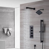 Wall-Mounted 12-Inch LED or Non-LED Rainfall Shower Head with 3-Way Thermostatic Shower System, 6-Inch High-Pressure Shower Head, and Sliding Bar in Matte Black