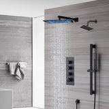 Wall-Mounted 12-Inch LED or Non-LED Rainfall Shower Head with 3-Way Thermostatic Shower System, 6-Inch High-Pressure Shower Head, and Sliding Bar in Matte Black