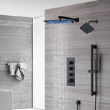 Wall-Mounted 12-Inch LED or Non-LED Rainfall Shower Head with 3-Way Thermostatic Shower System, 6-Inch High-Pressure Shower Head, and Sliding Bar in Matte Black