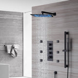 Matte Black Wall-Mounted 3-Way Thermostatic Shower Faucet with 12-Inch or 16-Inch LED or Non-LED Shower Head, Body Jets, and Sliding Bar
