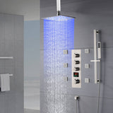 Brushed Nickel Ceiling-Mounted Rain Shower System: Available in 12'' or 16'', with Optional LED Light, Includes 6 Body Jets and 3-Way Thermostatic Shower Faucet, Each Function Works Simultaneously or Separately