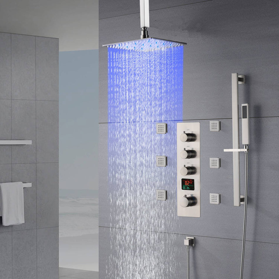 Brushed Nickel Ceiling-Mounted Rain Shower System: Available in 12'' or 16'', with Optional LED Light, Includes 6 Body Jets and 3-Way Thermostatic Shower Faucet, Each Function Works Simultaneously or Separately