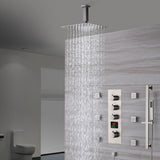 Brushed Nickel Ceiling-Mounted Rain Shower System: Available in 12'' or 16'', with Optional LED Light, Includes 6 Body Jets and 3-Way Thermostatic Shower Faucet, Each Function Works Simultaneously or Separately