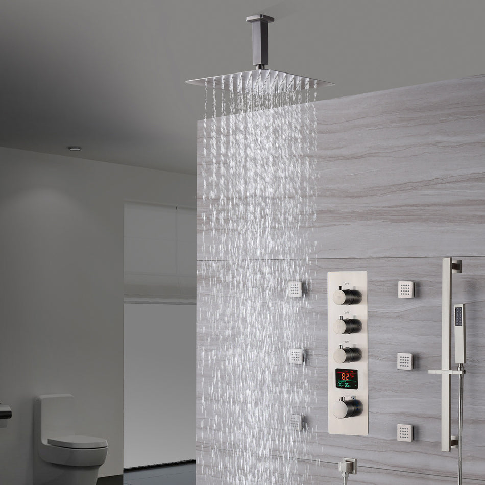 Brushed Nickel Ceiling-Mounted Rain Shower System: Available in 12'' or 16'', with Optional LED Light, Includes 6 Body Jets and 3-Way Thermostatic Shower Faucet, Each Function Works Simultaneously or Separately