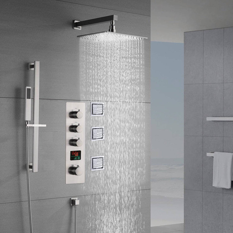 Brushed nickel 16inch rainfall shower head 3 way digital display thermostatic shower system with 4inch body jets and sliding bar