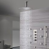 Brushed Nickel Ceiling-Mounted Rain Shower System: Available in 12'' or 16'', with Optional LED Light, Includes 6 Body Jets and 3-Way Thermostatic Shower Faucet, Each Function Works Simultaneously or Separately