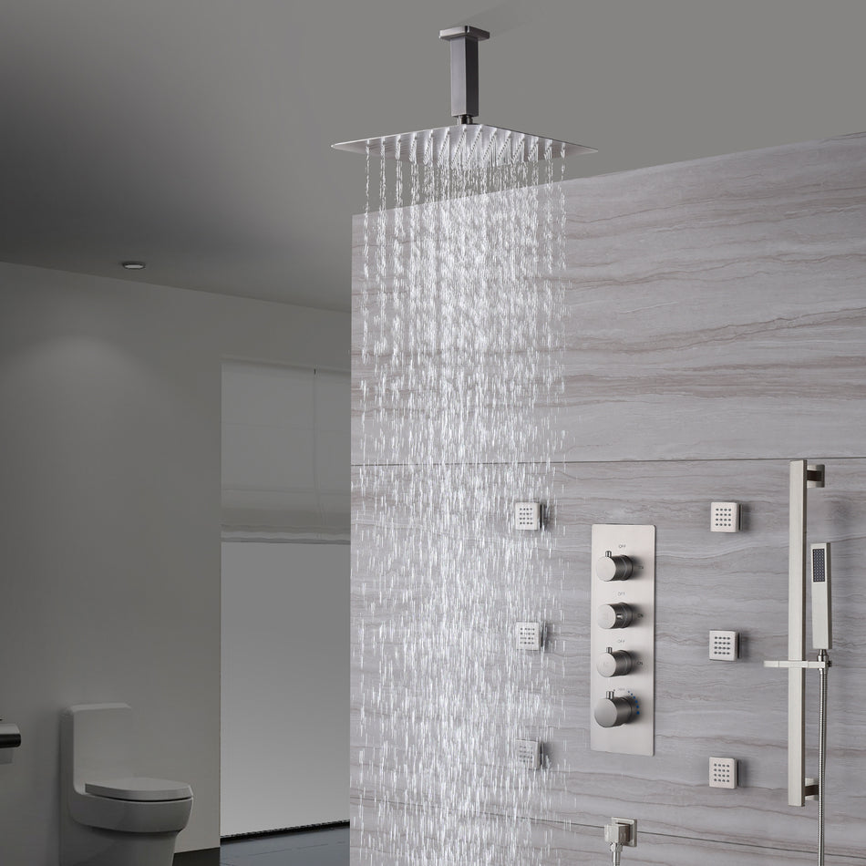 Brushed Nickel Ceiling-Mounted Rain Shower System: Available in 12'' or 16'', with Optional LED Light, Includes 6 Body Jets and 3-Way Thermostatic Shower Faucet, Each Function Works Simultaneously or Separately