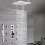 Brushed Nickel 20-Inch Rainfall Shower System: Options for LED Lights, 3-Way Thermostatic Control, Sliding Bar, Body Jets, and with or without Digital Display