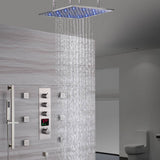 Brushed Nickel 20-Inch Rainfall Shower System: Options for LED Lights, 3-Way Thermostatic Control, Sliding Bar, Body Jets, and with or without Digital Display