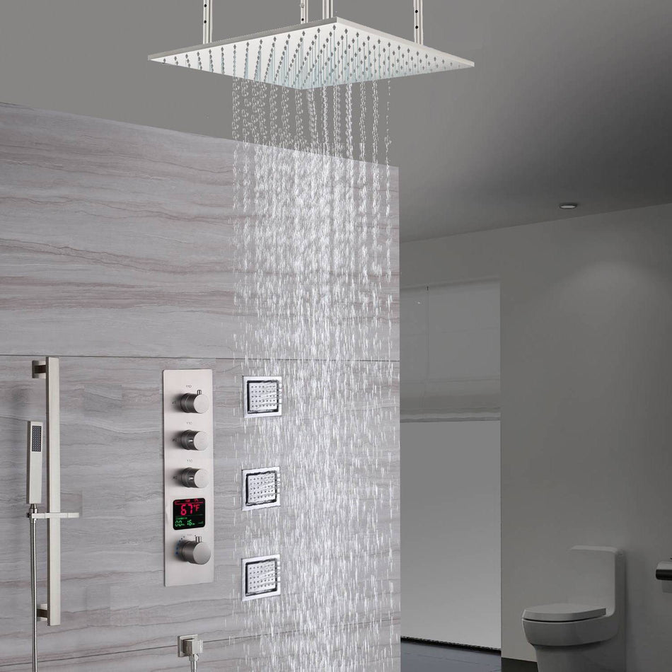 20-Inch Ceiling-Mounted LED or Non-LED Brushed Nickel 3-Way Digital Thermostatic Shower Faucet with 4'' Flush Body Jets: Independent and Simultaneous Functionality