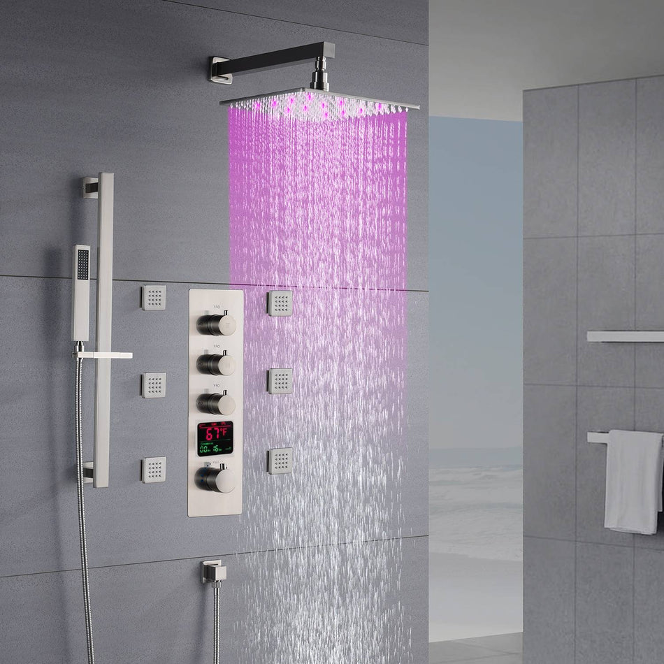 Brushed Nickel 12'' or 16'' Wall-Mounted Rain Shower System with 6 Body Jets and 3-Way DigitalDisplay Thermostatic Valve: Simultaneous and Independent Functionality