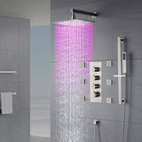 Brushed Nickel 12'' or 16'' Wall-Mounted Rain Shower System with 6 Body Jets and 3-Way Thermostatic Valve: Simultaneous and Independent Functionality
