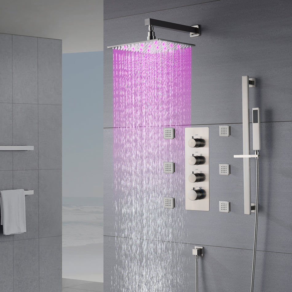Brushed Nickel 12'' or 16'' Wall-Mounted Rain Shower System with 6 Body Jets and 3-Way Thermostatic Valve: Simultaneous and Independent Functionality