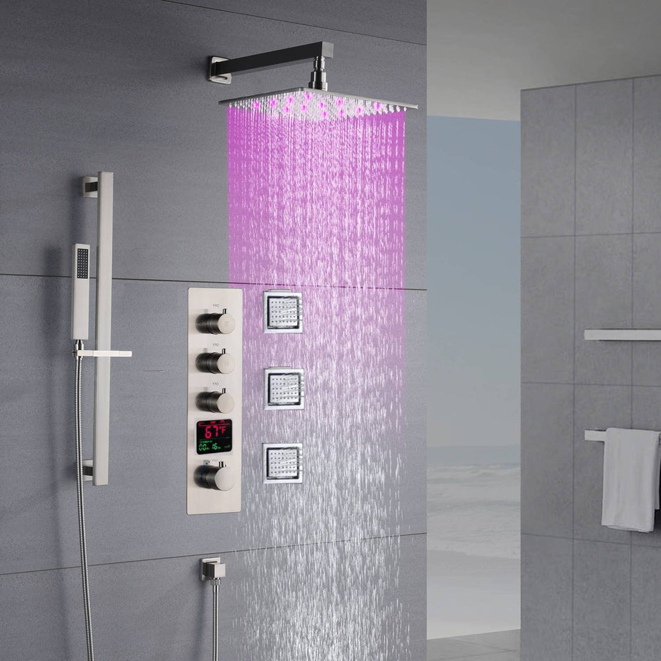 Brushed nickel 16inch rainfall shower head 3 way digital display thermostatic shower system with 4inch body jets and sliding bar