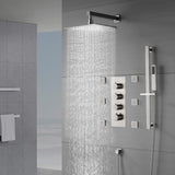 Brushed Nickel 12'' or 16'' Wall-Mounted Rain Shower System with 6 Body Jets and 3-Way Thermostatic Valve: Simultaneous and Independent Functionality