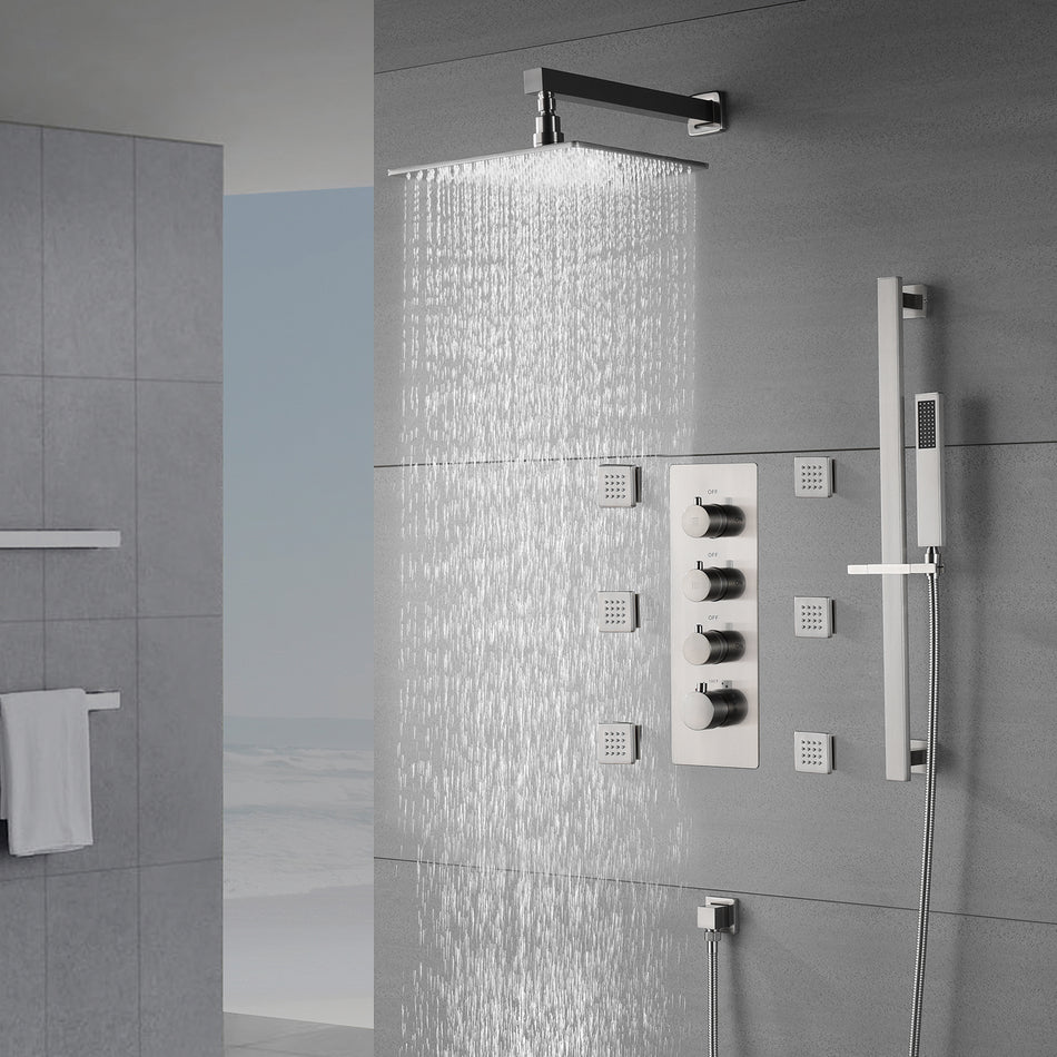 Brushed Nickel 12'' or 16'' Wall-Mounted Rain Shower System with 6 Body Jets and 3-Way Thermostatic Valve: Simultaneous and Independent Functionality