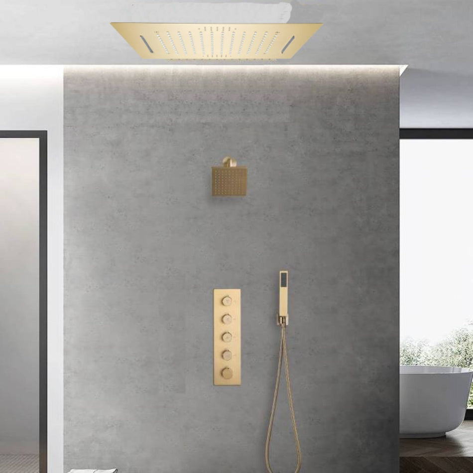 Brushed Gold 20-Inch Or 24-Inch Rainfall Waterfall Ceiling Mount Shower Head with 4-Way Thermostatic Faucet, High-Pressure Wall Mount Head