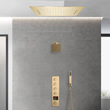 Brushed Gold 20-Inch Or 24-Inch Rainfall Waterfall Ceiling Mount Shower Head with 4-Way Thermostatic Faucet, High-Pressure Wall Mount Head