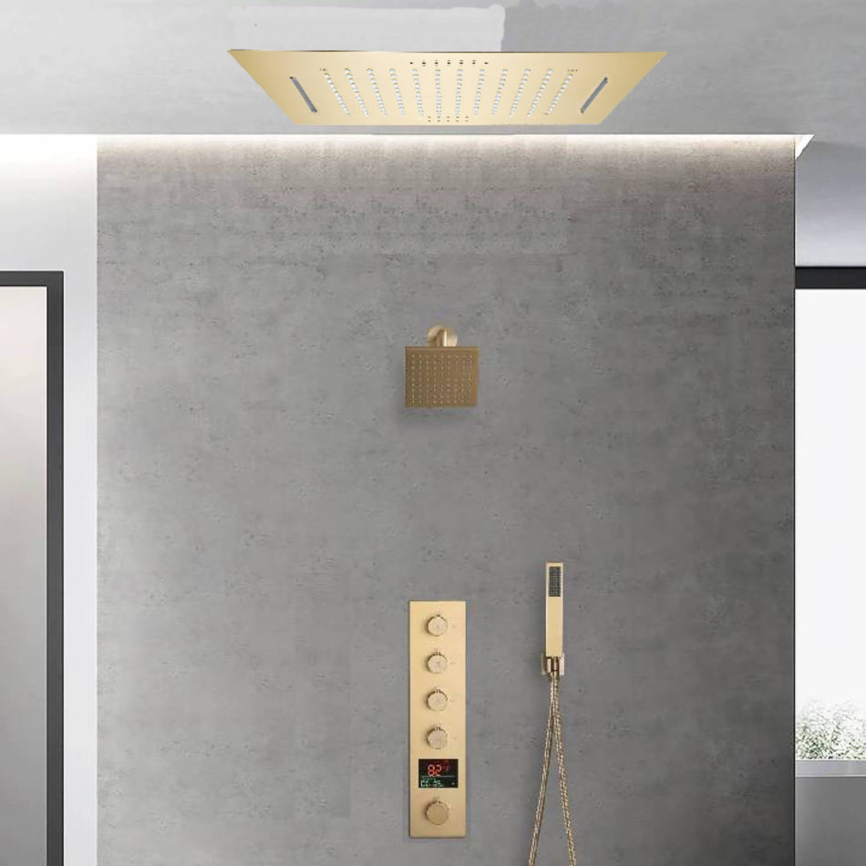 Brushed Gold 20-Inch Or 24-Inch Rainfall Waterfall Ceiling Mount Shower Head with 4-Way Thermostatic Faucet, High-Pressure Wall Mount Head