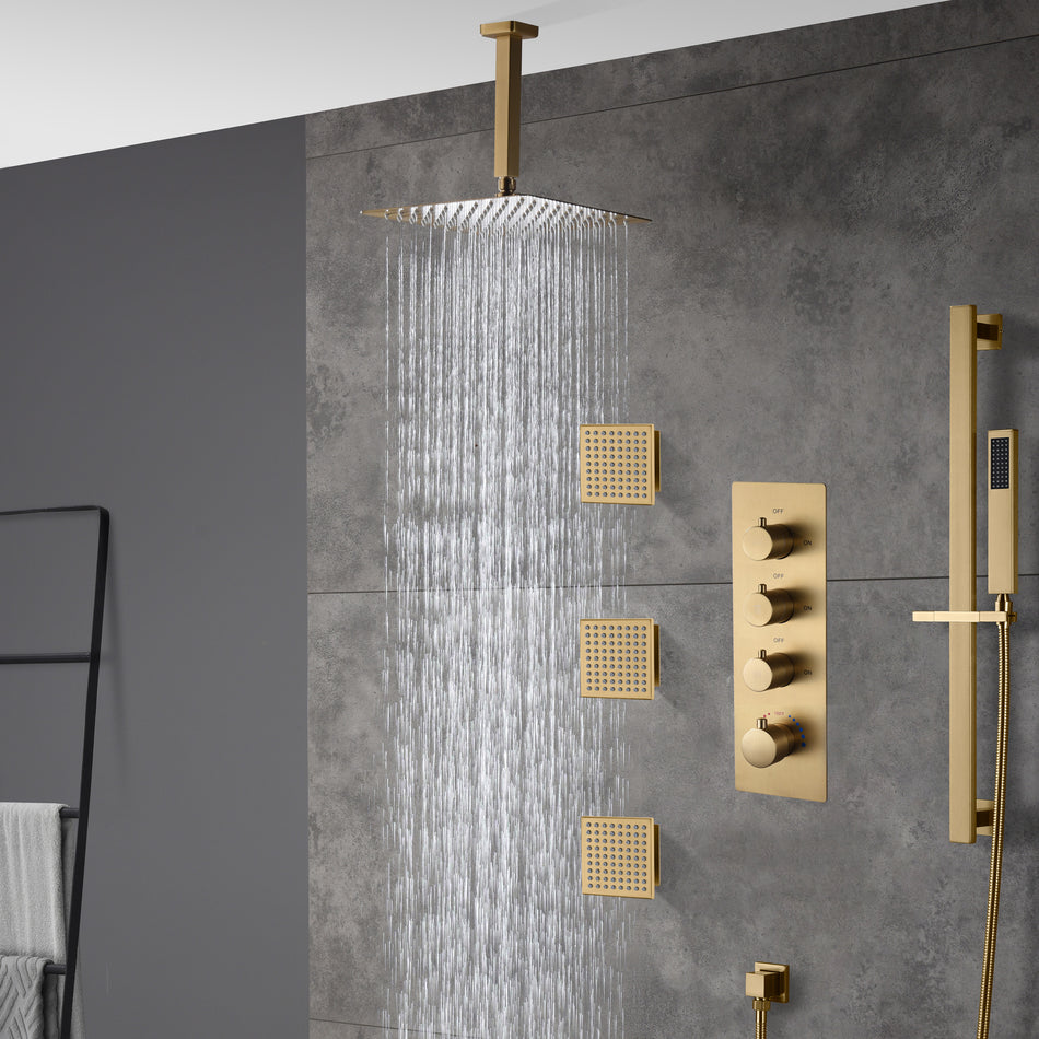 Brushed gold ceiling mount 12 inch or 16 inch or 20 inch rain head 3 way digital display thermostatic shower faucet with large body sprayers