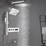 Chrome Wall Mount 12-Inch or 16-Inch Rain Shower System: LED or Non-LED, 3-Way Digital Thermostatic Control, Sliding Bar, and 6-Inch Regular Head