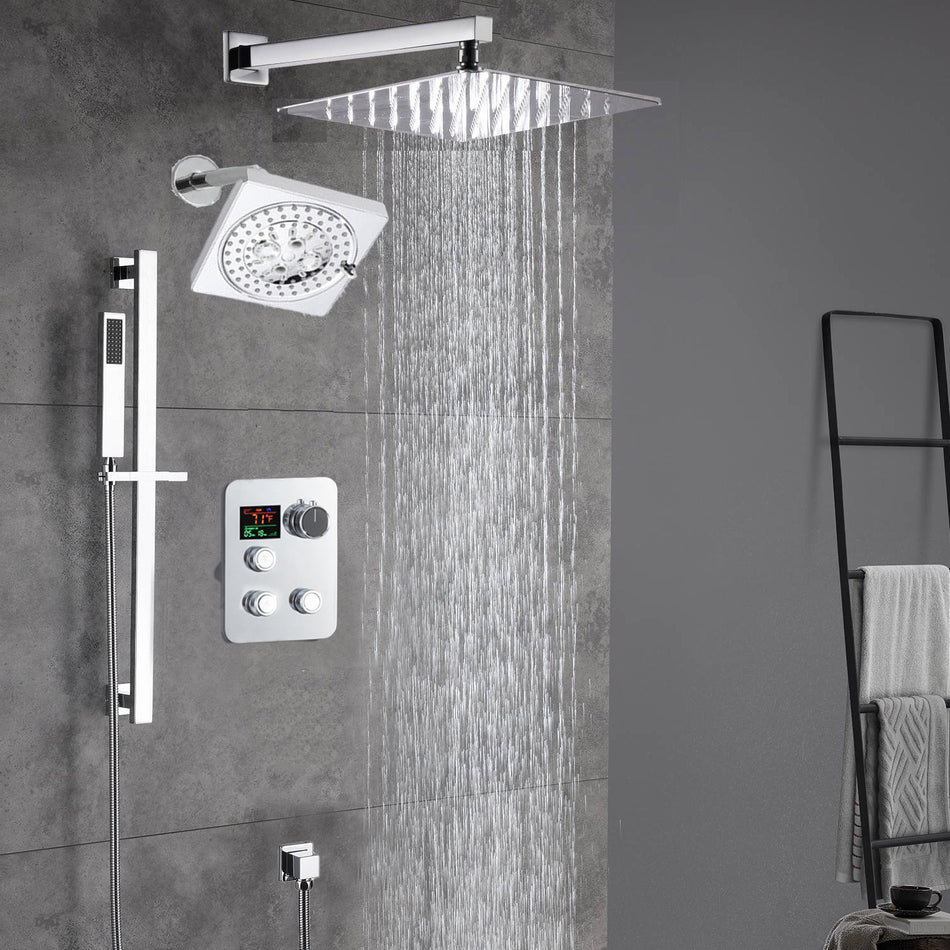 Chrome Wall Mount 12-Inch or 16-Inch Rain Shower System: LED or Non-LED, 3-Way Digital Thermostatic Control, Sliding Bar, and 6-Inch Regular Head