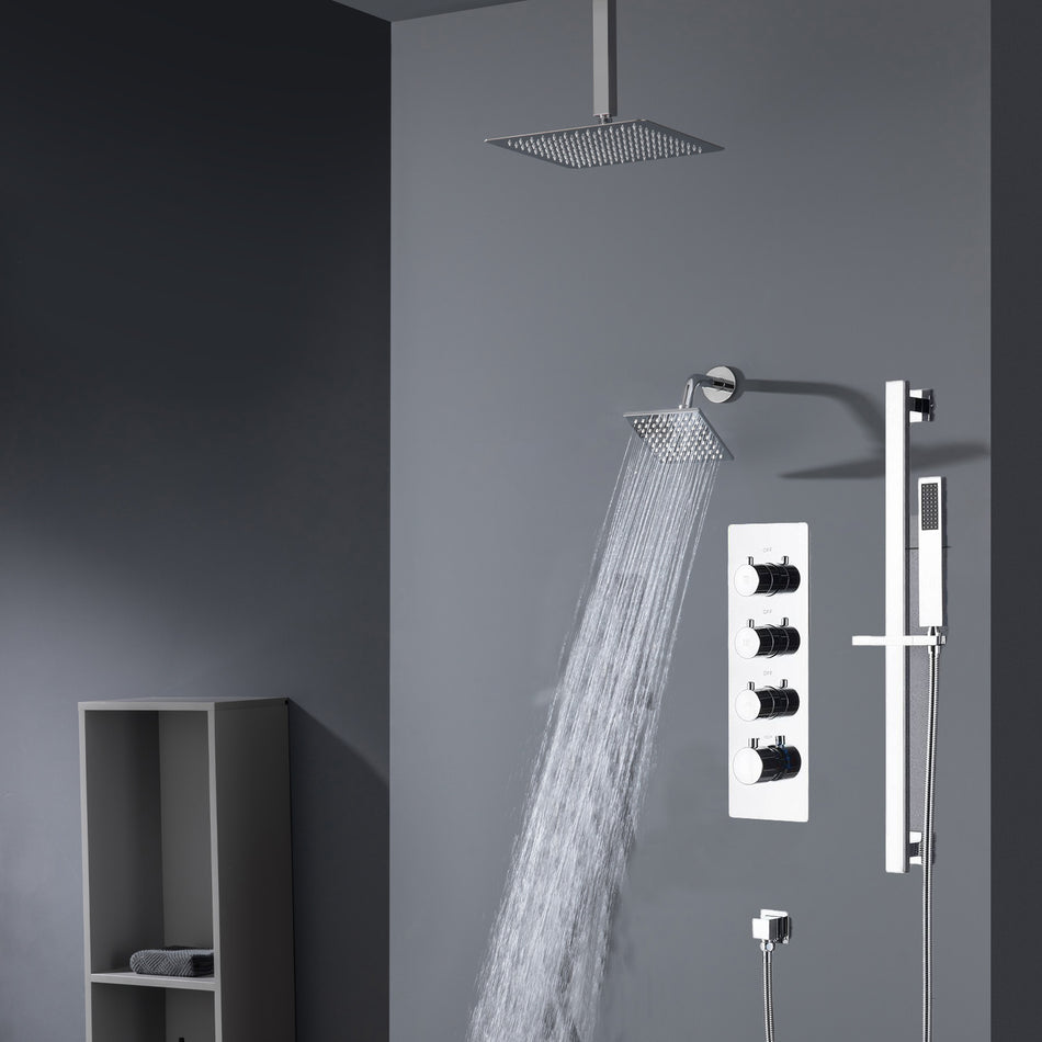 Chrome 16 inch LED light ceiling mount 3 way thermostatic shower faucet with regular head and sliding bar