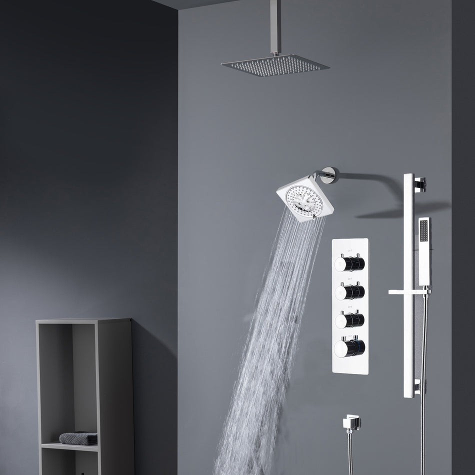 Chrome 16 inch LED light ceiling mount 3 way thermostatic shower faucet with regular head and sliding bar