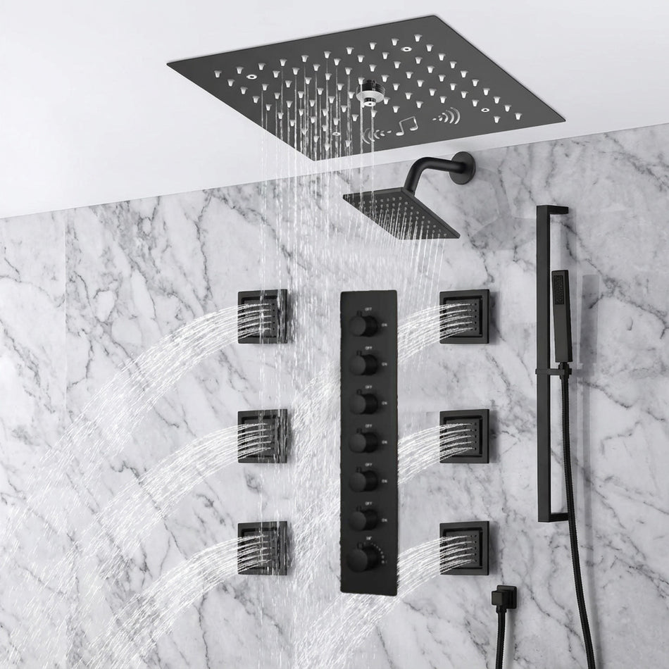 12 inch  flush-mount rainfall Mist shower systems 6 way thermostatic valve with 6 body jets and sliding bar and  regular head