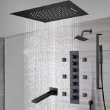 20-Inch or 24-Inch Matte Black Flush Mount Rainfall Waterfall Shower System: Complete with 6-Way Thermostatic Valve and 6 Body Jets,Sliding Bar,Regular Head and Tub Spout